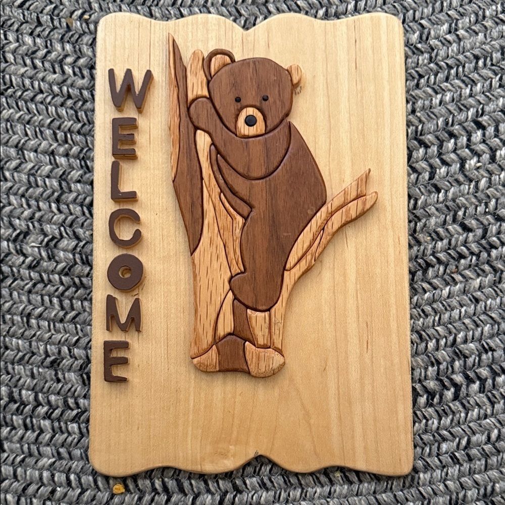 Vintage homemade wooden Intarsia bear art plaque